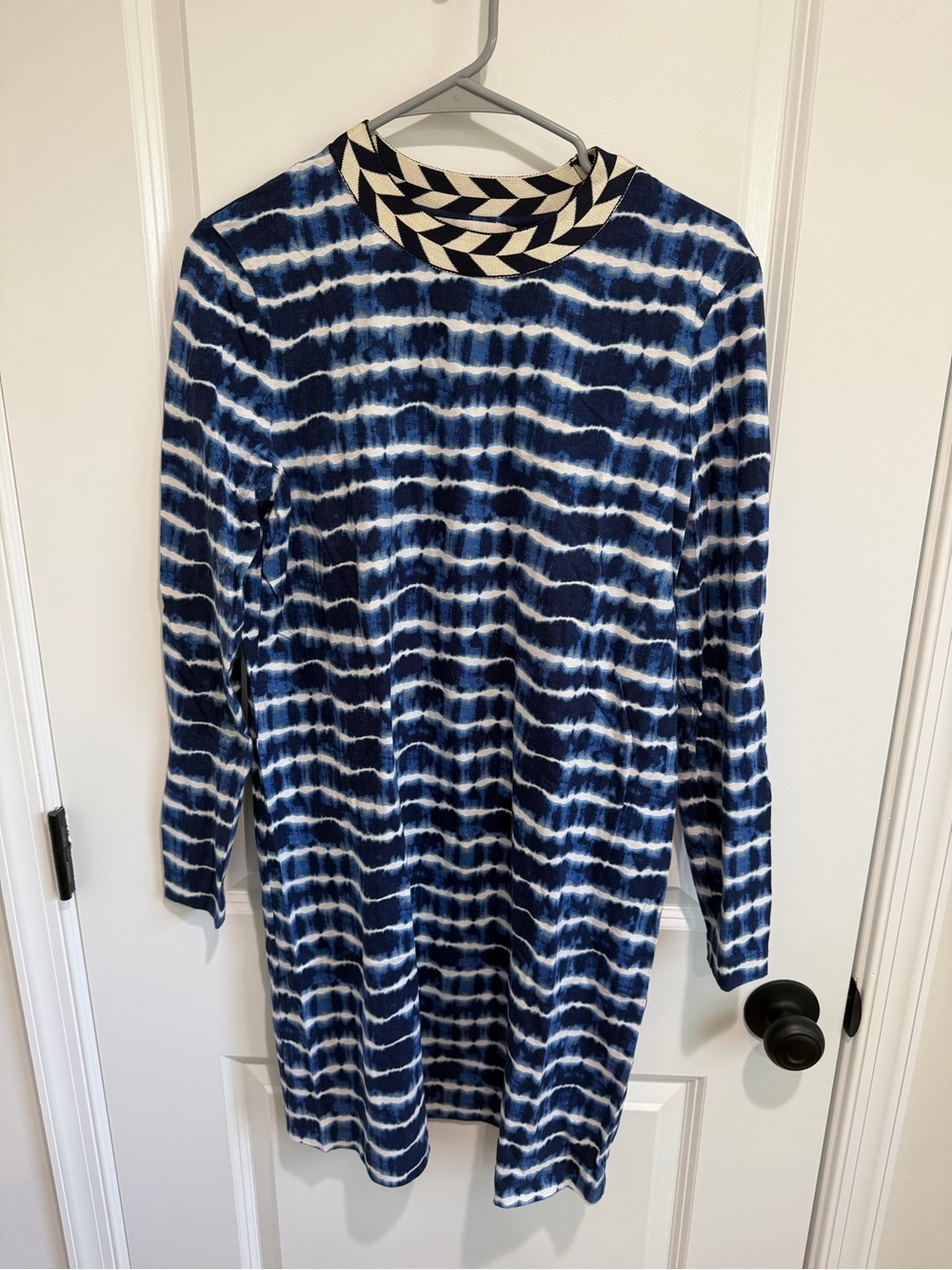 Tory Burch Blue & White Tie-Dye Long Sleeve Shift Dress
